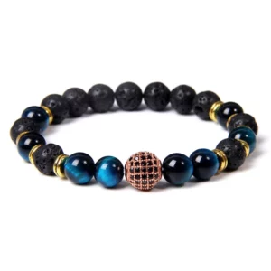 Black CZ Ball Men Bracelet Natural Lava Stone Beads Charm Blue Tiger Eye Bracelets Men Jewelry 4 Colors Yoga Elastic Bracelet